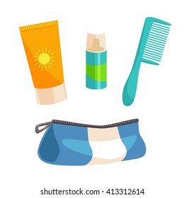 Vector set with cartoon style flat icons. Medicine chest, suntan cream, insect repellent and comb.