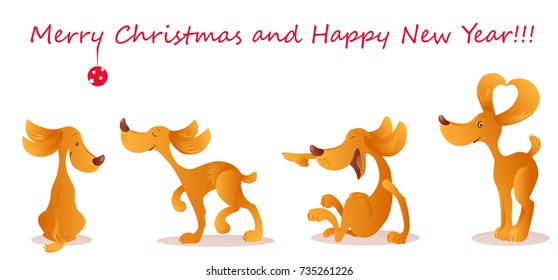 Vector set in cartoon style of a four cute yellow dogs isolated on the white background.