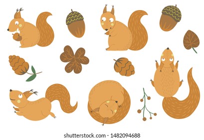 Vector set of cartoon style hand drawn flat funny squirrels in different poses with cone, acorn, leaf clip art. Cute autumn illustration of woodland animals for children’s design