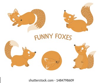 Vector set of cartoon style hand drawn flat funny foxes in different poses. Cute illustration of woodland animals for children’s design