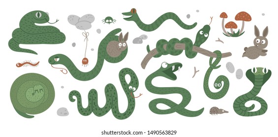 Vector set of cartoon style hand drawn flat funny snakes in different poses. Cute illustration of woodland animals for children’s design. Forest serpents picture