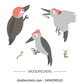 Vector set of cartoon style hand drawn flat funny woodpeckers in different poses. Cute illustration of woodland birds for children’s design