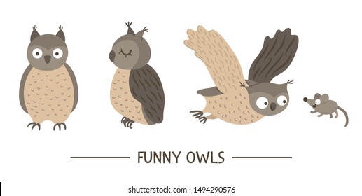 Vector set of cartoon style hand drawn flat funny owls in different poses. Cute illustration of woodland birds for children’s design. 