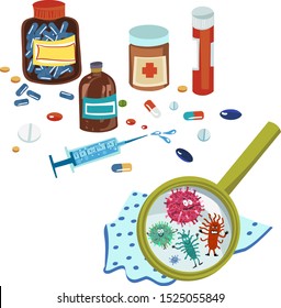 Vector set in cartoon style. Medicines, pills, syringe, antibiotics. Handkerchief and germs under a magnifying glass.