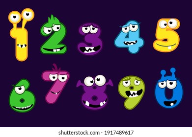 Vector set of cartoon style monsters numbers. Group of isolated cute, scary childish figures.