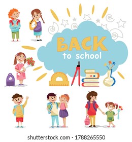 Vector set of cartoon style school students in different poses. Boys and girls happy to be back in school. Glad and smily children with backpacks in casual clothes.School items as books, ruler, divide