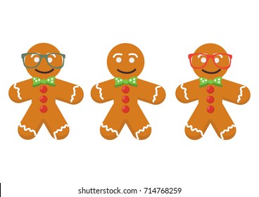 Vector set in a cartoon style: three cute Gingerbread men isolated. Christmas traditional sweet dessert cookies or biscuits characters. Gingerbread men are also Great for Saint Nicholas Day or Feast.