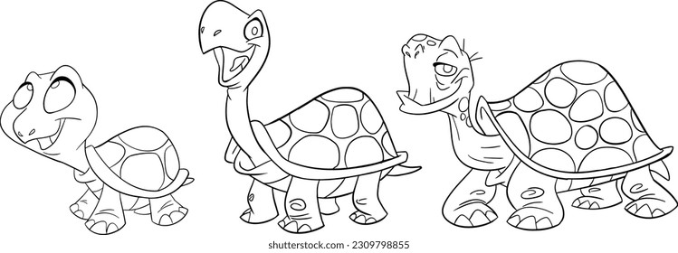 Vector set of cartoon style turtles . Animal character illustration for children. Hand drawn line drawings of funny Turtles. Big collection of turtles for kids, coloring.