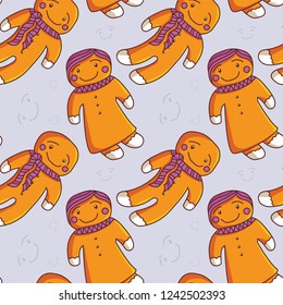 Vector set in cartoon style: two cute gingerbread man and woman isolated. Christmas traditional sweet dessert cookies or characters cookies. seamless pattern