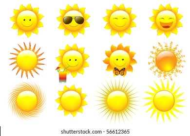 Vector Set Cartoon Sun Characters, isolated On White