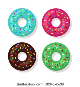 Vector set of cartoon sweet donuts with colorful glaze and sprinkles isolated on white background 
