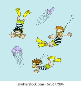 Vector set of cartoon swimmers and jellyfishes