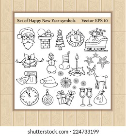 Vector set with cartoon symbols of happy new year. Vector for use in design