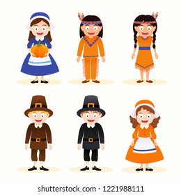 Vector set of cartoon thanksgiving character, indian and pilgrim isolated on white background