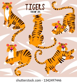 Vector set of cartoon tigers. Trendy hand drawn illustration.