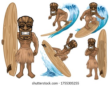 vector of set of cartoon tiki mask play surfing collection