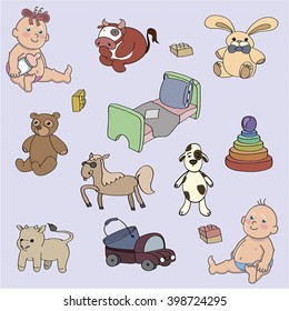 vector set of cartoon toys and two kids