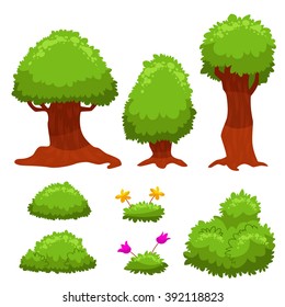 Vector Set of Cartoon Trees and Bushes for mobile game or app