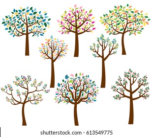 Vector set of cartoon trees with colorful leaves
