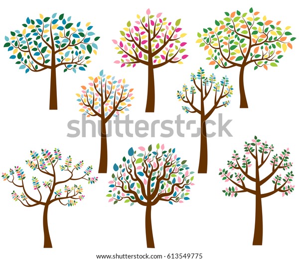 Vector Set Cartoon Trees Colorful Leaves Stock Vector (Royalty Free ...