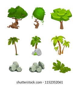 vector set of cartoon trees and stones