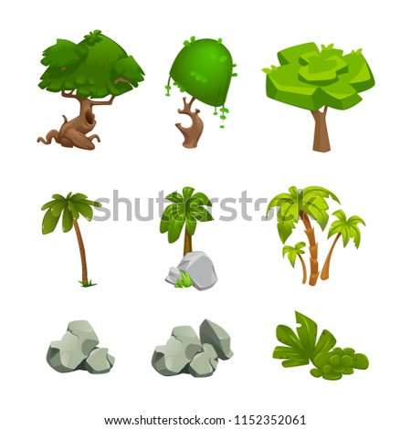 vector set of cartoon trees and stones