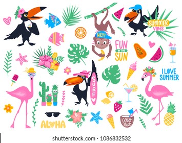 Vector set with cartoon tropical elements - pink flamingo, toucan, monkey, palm leaves, exotic flowers, ice cream, watermelon, papaya, cactus. Hand drawn Summer stickers.