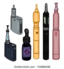 Vector Set of Cartoon Vape Devices. Electronic Cigarettes on White Background