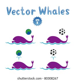 Vector set of cartoon whales are playing at ball and globe