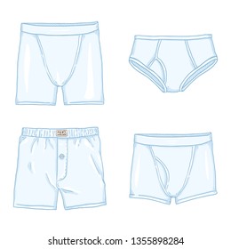 Vector Set of Cartoon White Mens Pants. Male Underwear. Different types of Underclothing.