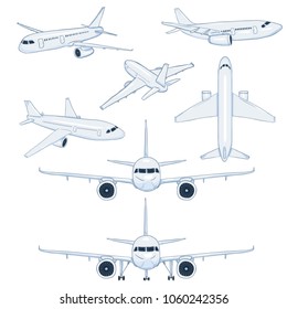 Vector Set of Cartoon White Planes. Civil Aviation Aircrafts. Side, Front, Back and Top View.