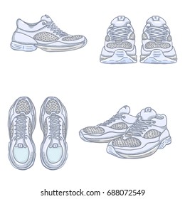 Vector Set of Cartoon White Running Shoes. Variations of View.