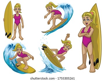 vector set of cartoon of white surfer girl