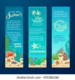 Vector set of cartoon wild sealife vertical banners. Various fish, starfish, crab, shell, jellyfish, algae, bottle with a letter and key on the bottom. There is place for your text on blue background.