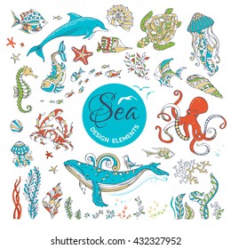 Vector set of cartoon wild underwater sea life. Ocean animals and plants isolated on white. Whale, dolphin, turtle, fish, octopus, starfish, crab, shell, jellyfish, seahorse, algae. Colourful icons.