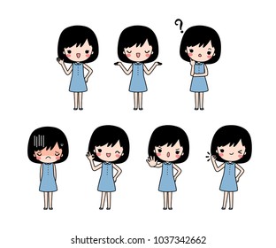 Vector set of cartoon woman in blue casual cloth with different expression. Isolated on white background. Flat design. Colored vector illustration.