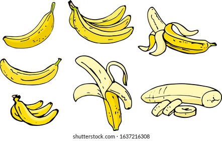 Vector Set of Cartoon Yellow Bananas. Overripe Banana, Single Banana , Peeled Banana, Bunch of Bananas.