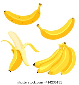 Vector Set of Cartoon Yellow Bananas. Overripe Banana, Single Banana , Peeled Banana, Bunch of Bananas.