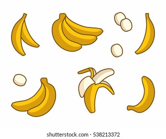 Conjunto vectorial de caricaturas de plátanos amarillos sobre fondo blanco. Banana simple, Bunch pelado, rodajas