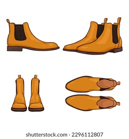 Vektorset von Cartoon Yellow Classic Shoes. Chelsea bietet verschiedene Ausblicke.