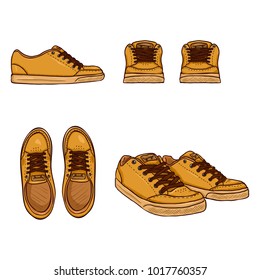 Vector Set of Cartoon Yellow Skaters Shoes. Top, Side and Front Views