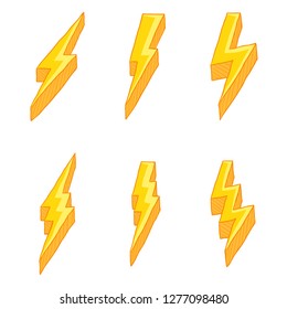 Vector Set of Cartoon Yellow Thunder Lighting Symbol. Thunderbolt Signs.