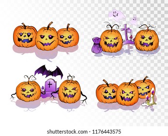 Vector set of cartoonPumpkins on transparent background. Halloween collection.