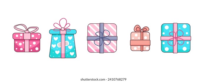 Vector set with cartoon-style gift boxes. Bright holiday gifts for the holidays on a white background