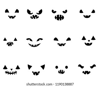 Vector set with carved Halloween pumpkin faces templates in black and white with different funny expressions with different face expressions 