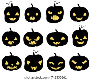 Vector set with carved Halloween pumpkins silhouettes in black with different face expressions for greeting cards, invitations and scrapbooking