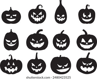 Vector set of carved pumpkin jack o lantern halloween decorations black isolated on white background