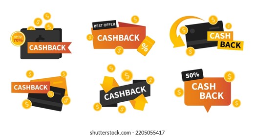 Vector set with cashback labels. Business cash back icon collection. Return of money from purchases. Modern cashback banners.