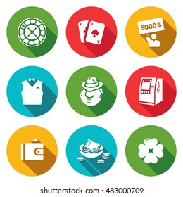 Vector Set of Casino Icons. Roulette, Deck, Win, Croupier, Bandit, Fruit Machine, Wallet, Money, Luck.