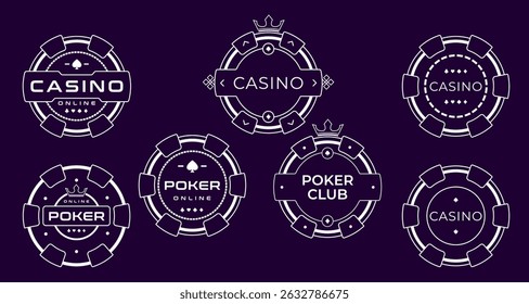 Vector set of casino and poker chip logo designs in white outline style on dark background. Suitable for online gambling, poker club branding, or mobile game design